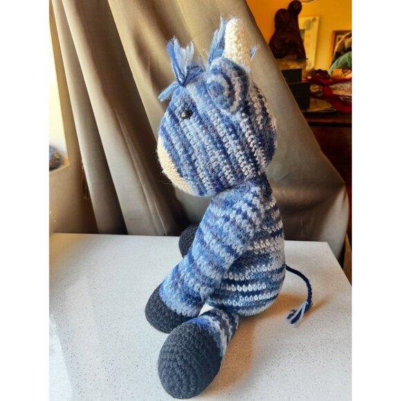Hand Knitted Blue Striped Cow Toy Stuffed Animal Child’s Snuggle Gift - Picture 9 of 12